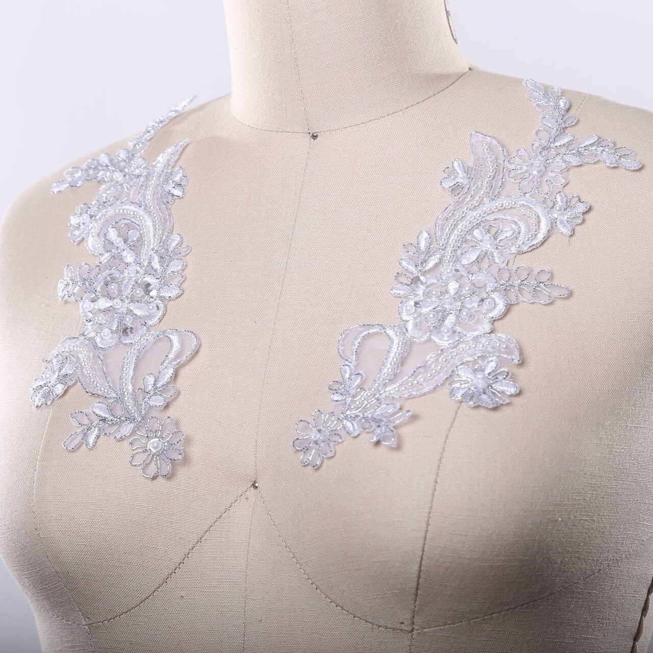 2 Pieces Shimmery White Silver Lace Applique Set With Pearl And Sequin Details 8.5 By 3.5 Inches